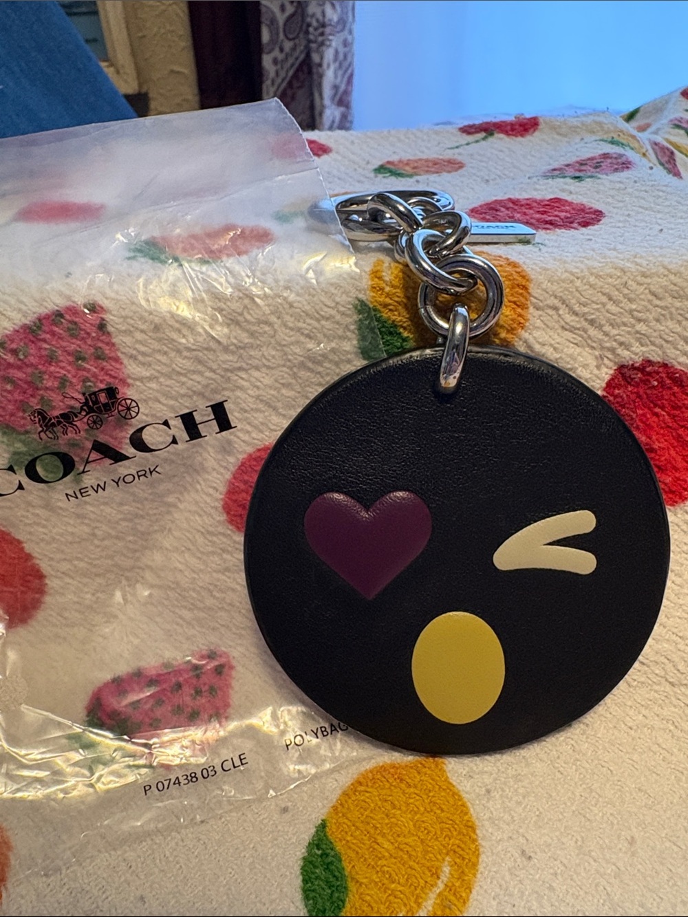 Coach Black Leather Winking Emoji Bag Charm/Keychain with Purple Heart Eye